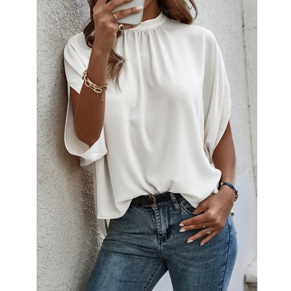 White Blouse Top Flowy, High Neck - Picture 2 of 11